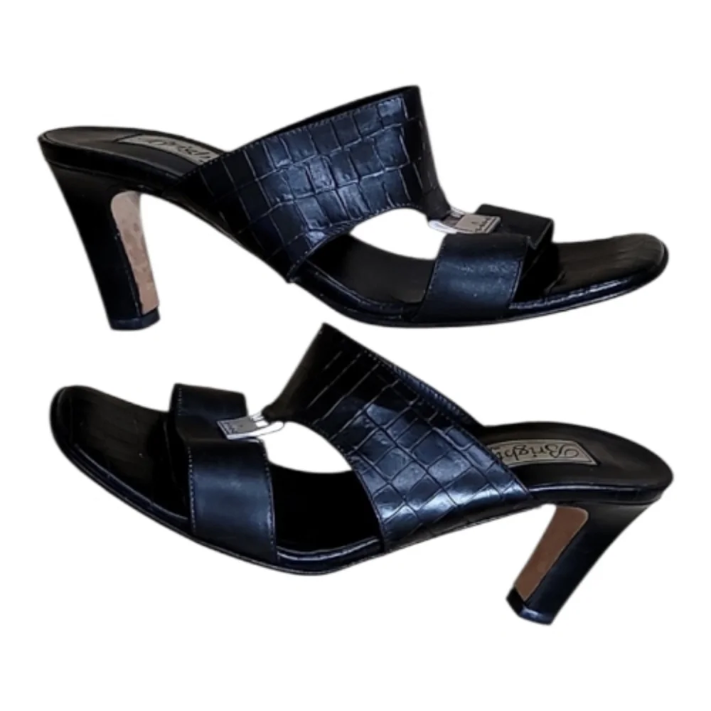 Brighton Ryan Black Croc Embossed Leather Sandals Square Toe Sz 6